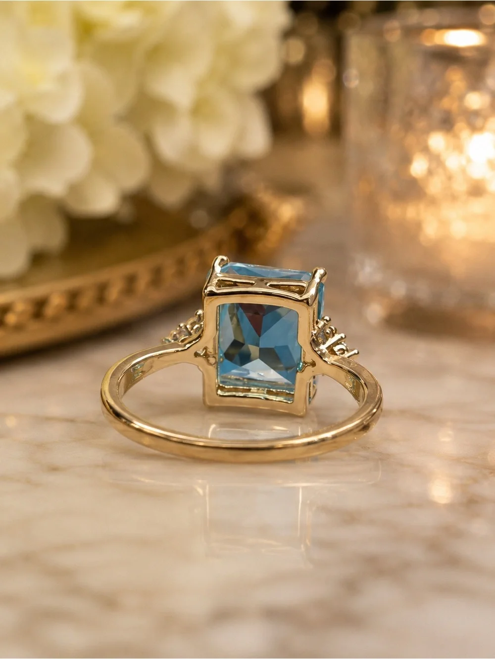Emerald Cut Aqua Blue Statement Ring – Clear Accent Stones – 925 Sterling